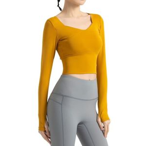 Women Fitness Long Sleeve Yoga Wear Seamless Crop Top Yellow
